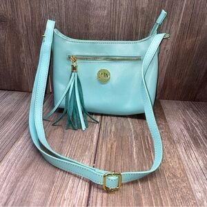 Joy Mangano Leather Crossbody W/Tassel, RFID Protection Mint Green Zippered